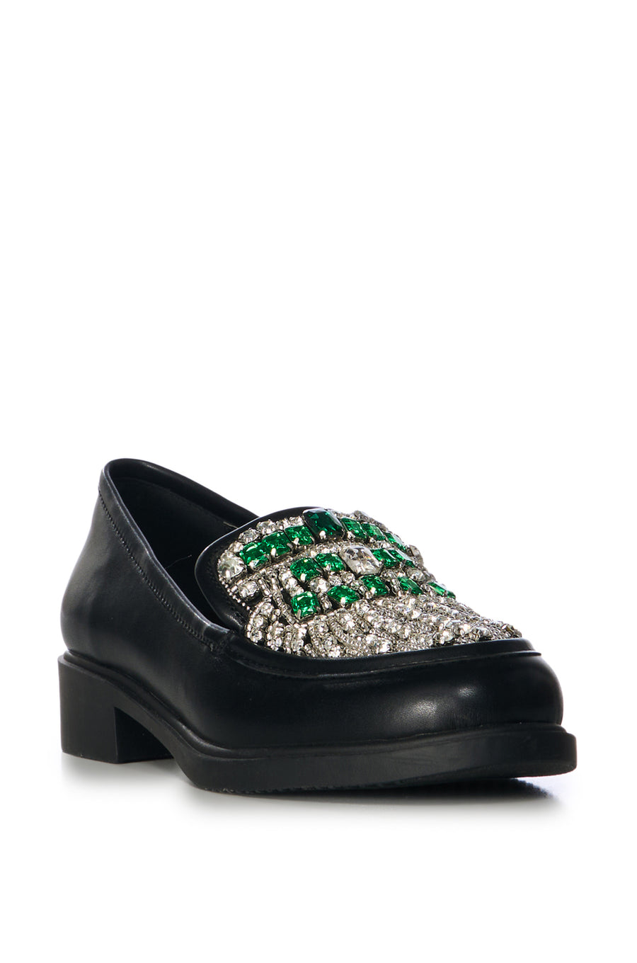 black faux leather loafers with a very subtle heel and a silver and green crystal embellished upper