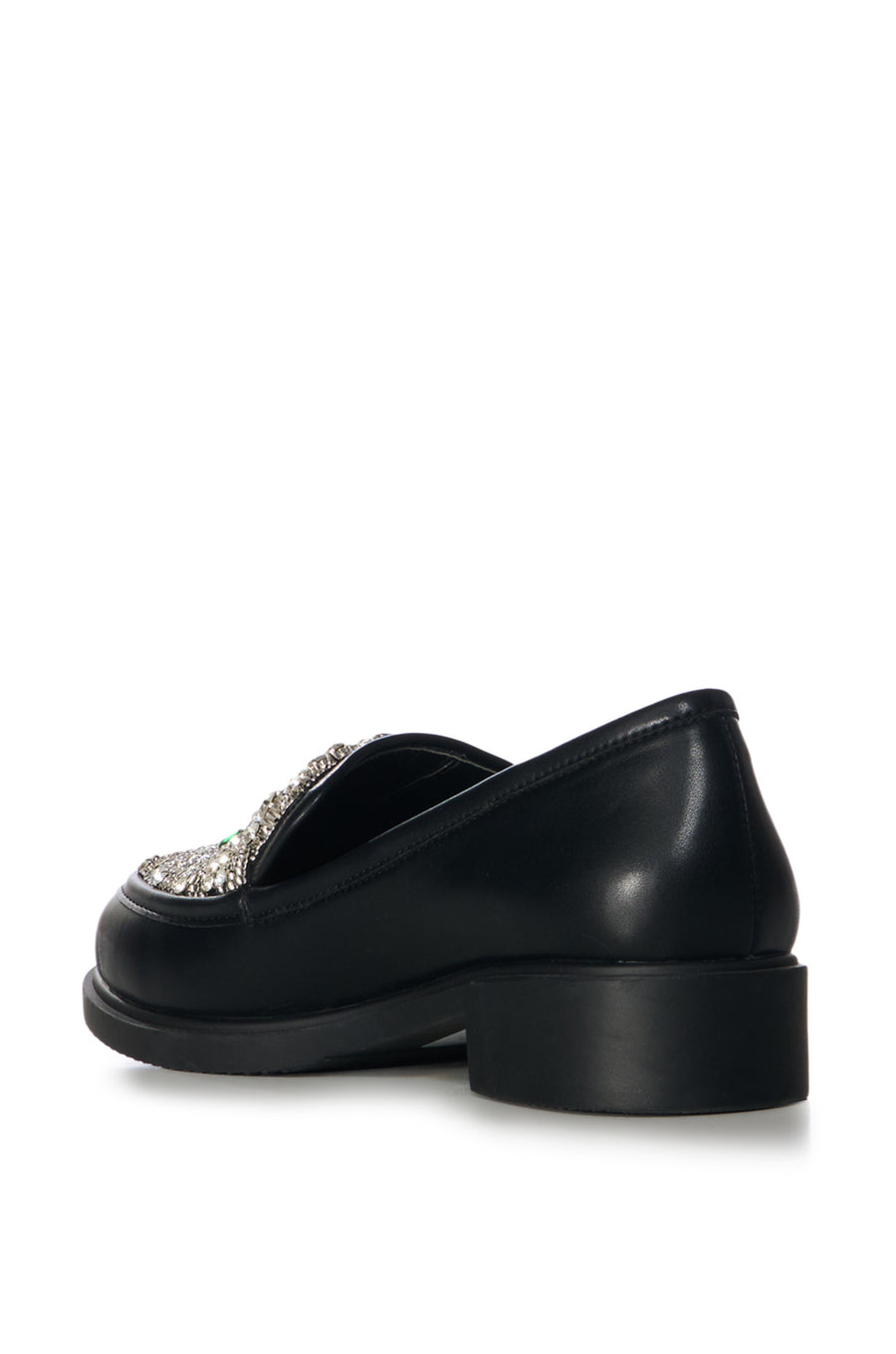 black faux leather loafers with a very subtle heel and a silver and green crystal embellished upper