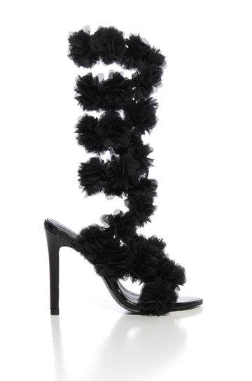 Black open toe ruffled flower wrap up stiletto heels