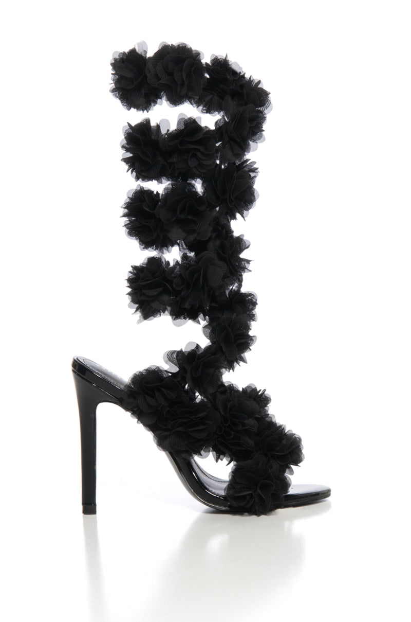 Black open toe ruffled flower wrap up stiletto heels