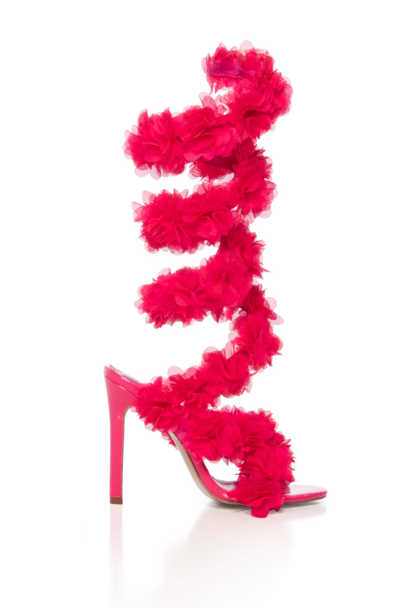 hot pink open toe flower ruffled wrap up heels