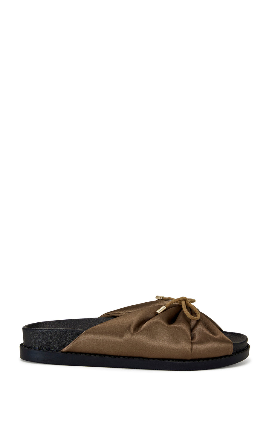 brown satin slip on sandals with a black sole and a bow accent on the upper
