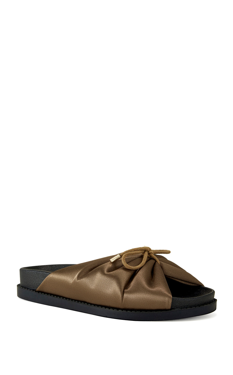 brown satin slip on sandals with a black sole and a bow accent on the upper