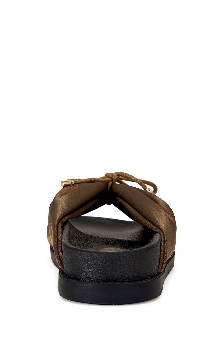brown satin slip on sandals with a black sole and a bow accent on the upper