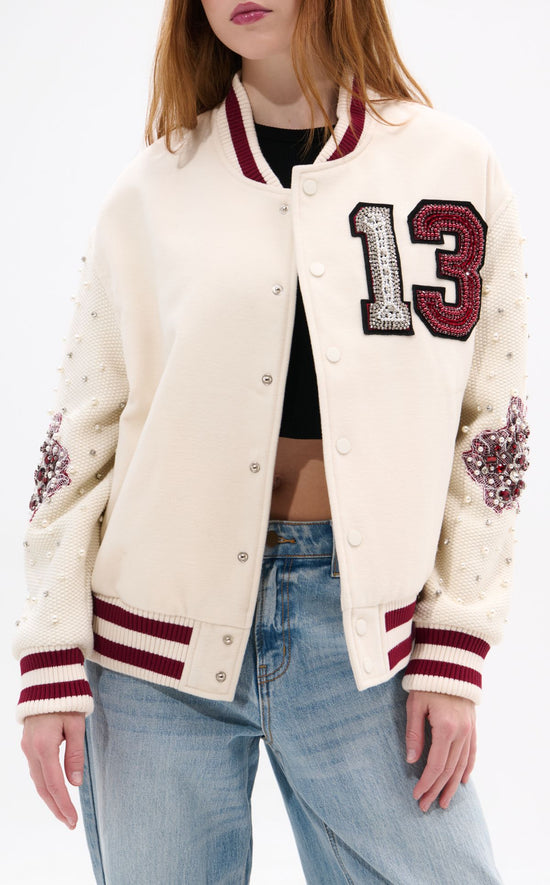 THIRTEEN-CREAM RHINESTONE VARSITY JACKET