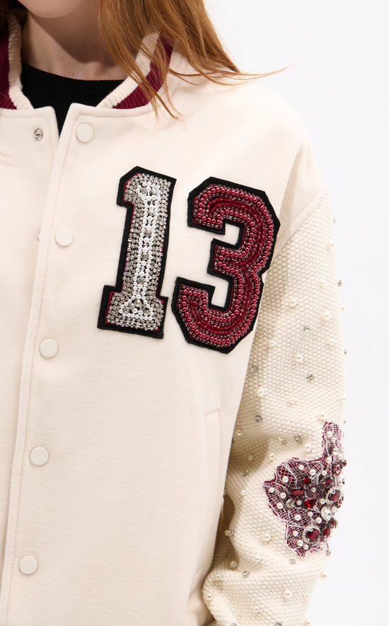 THIRTEEN-CREAM RHINESTONE VARSITY JACKET