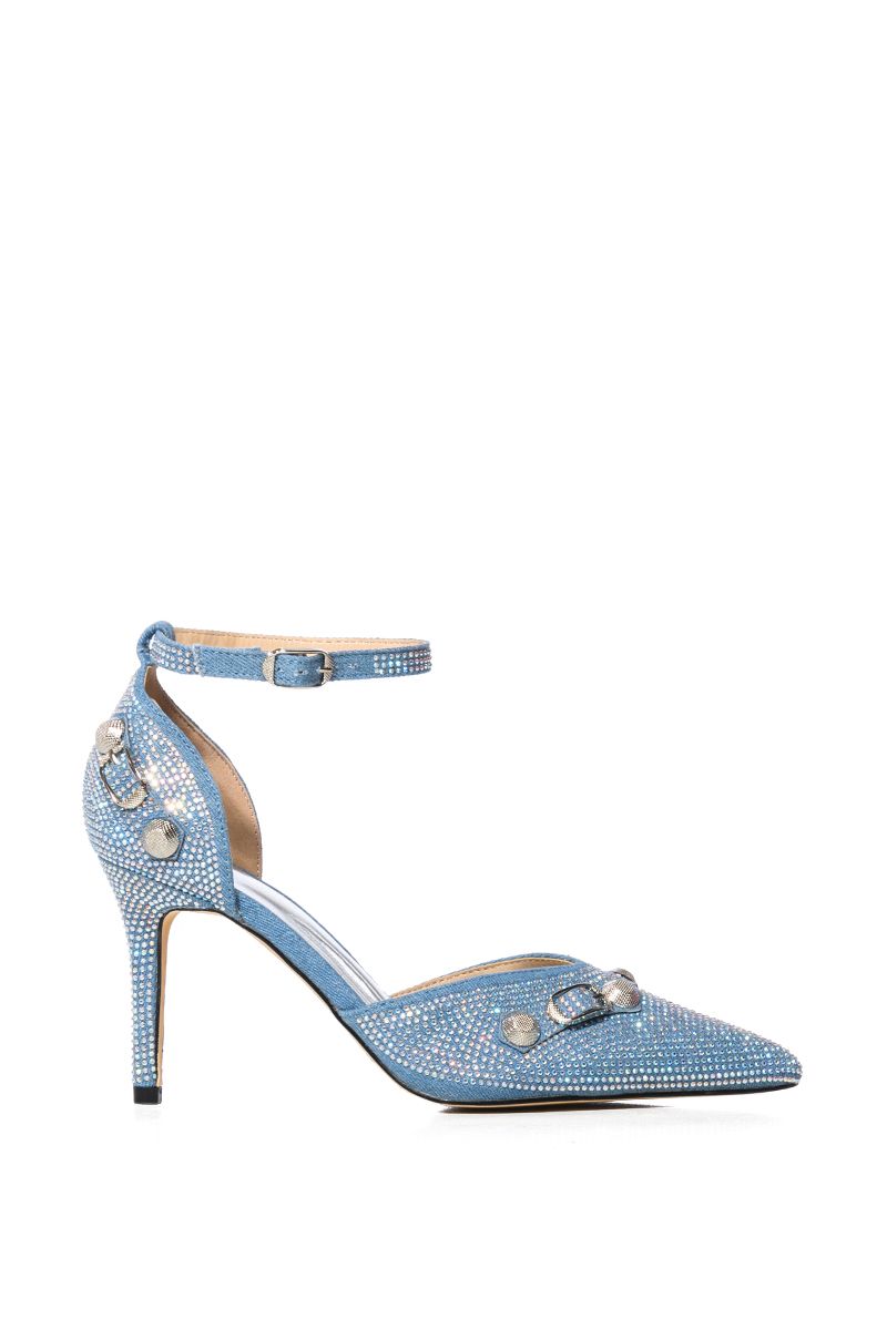 Denim pointed toe heels with adjustable ankle strap and rhinestone stud detail