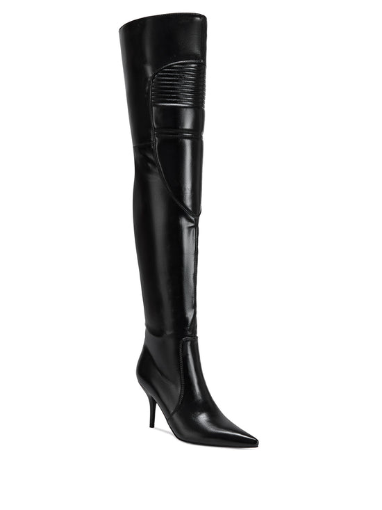 black faux leather thigh high boots with a stiletto heel, pointed toe, and ridged details on the shaft