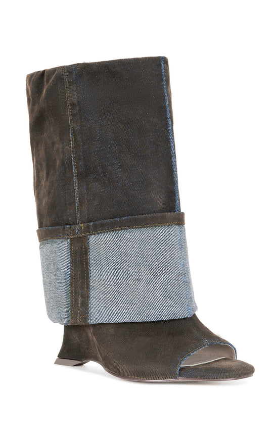 TIN-BROWN VELVET DENIM PEEP TOE WEDGE BOOTIE
