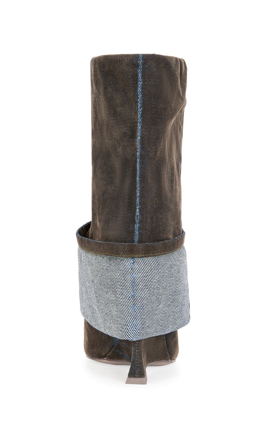 TIN-BROWN VELVET DENIM PEEP TOE WEDGE BOOTIE