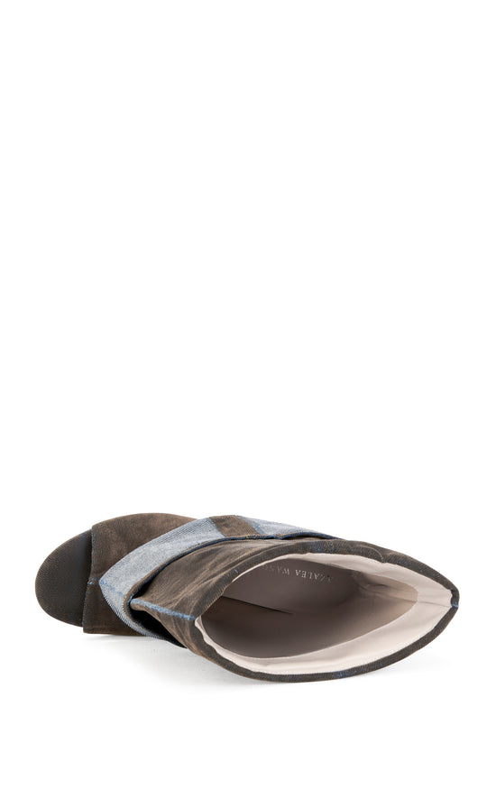 TIN-BROWN VELVET DENIM PEEP TOE WEDGE BOOTIE