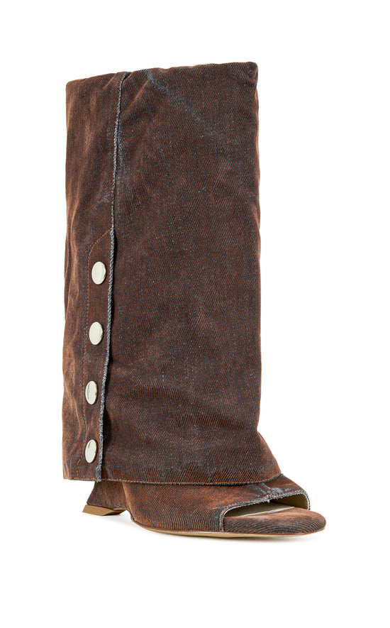 TINSELED-BURNTORANGE VELVET DENIM WEDGE BOOTIE