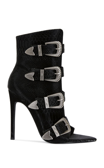 black faux leather peep toe stiletto booties with silver western belted accents going up the shaft