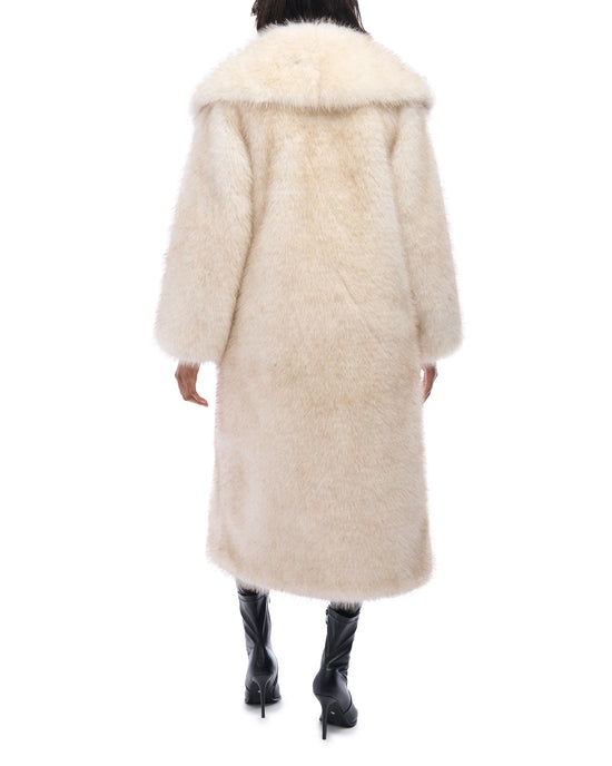 creamy white faux fur statement trench jacket with an oversized collar