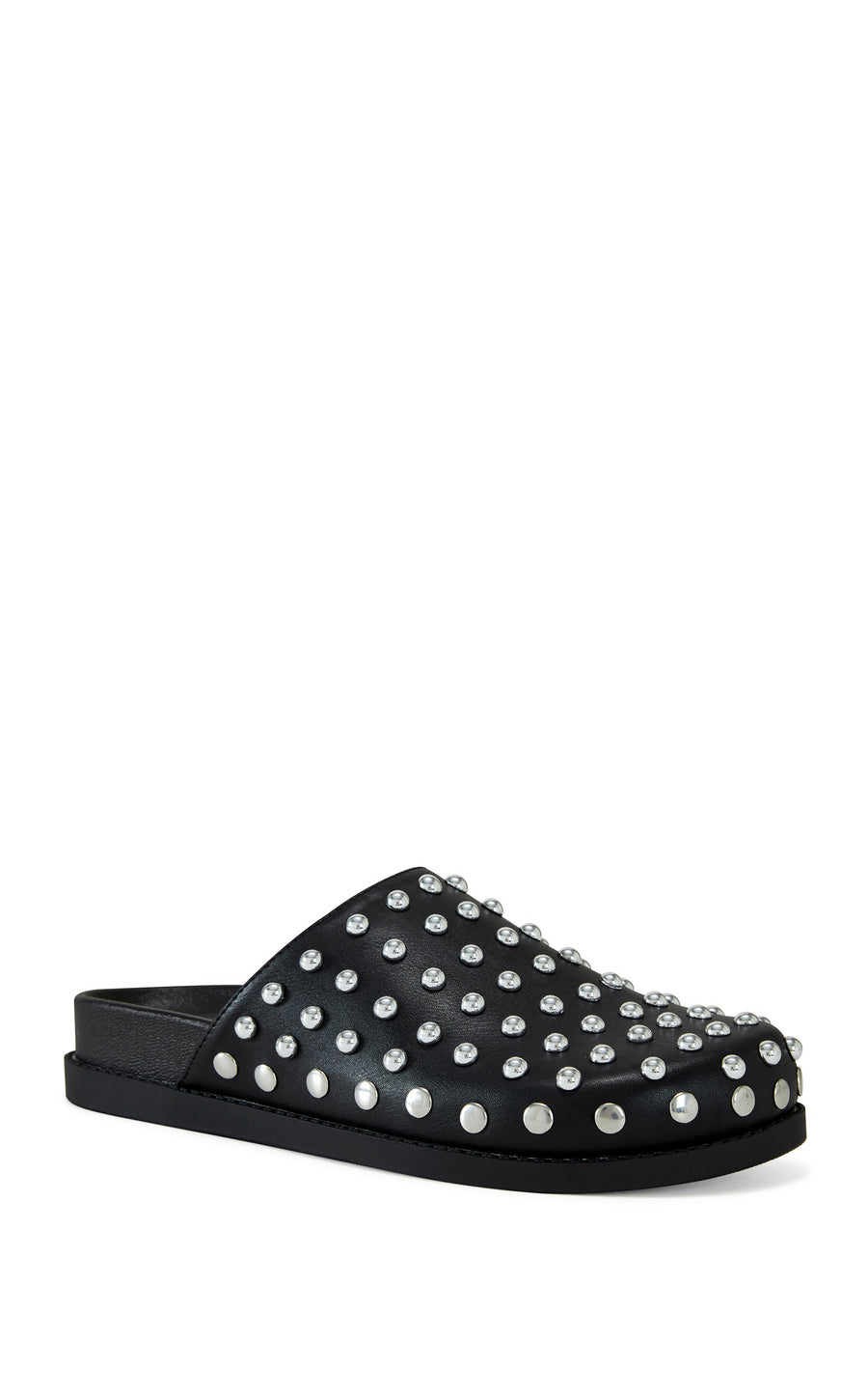 black faux leather flat slip on mule with circular stud embellishments