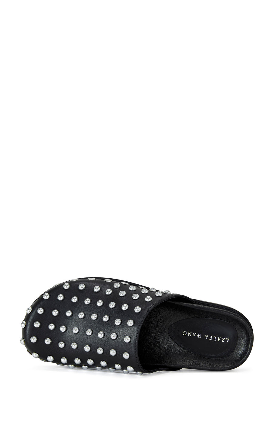 black faux leather flat slip on mule with circular stud embellishments