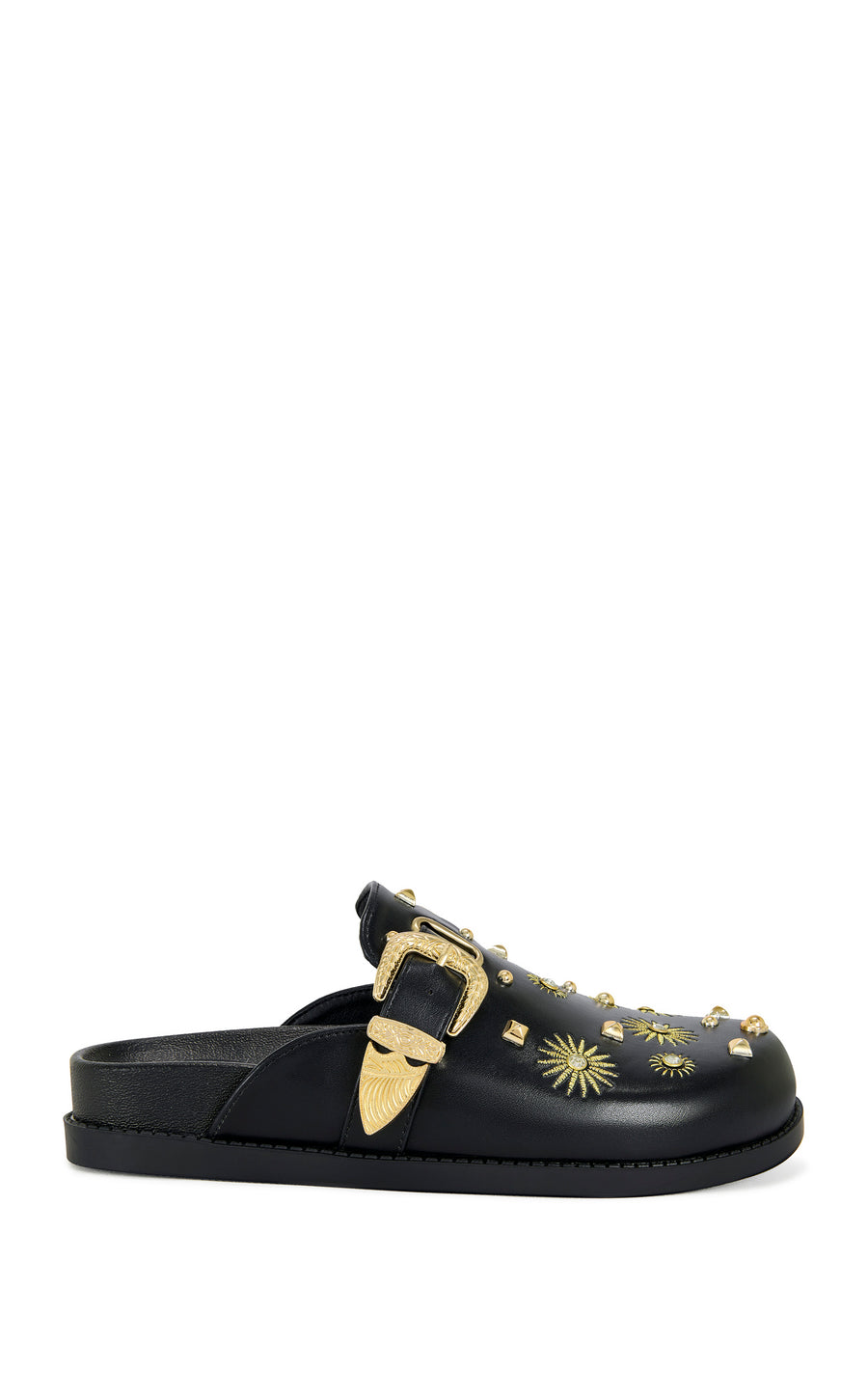 black faux leather slip on flat mule with gold belted accents and gold embellished accents on the upper