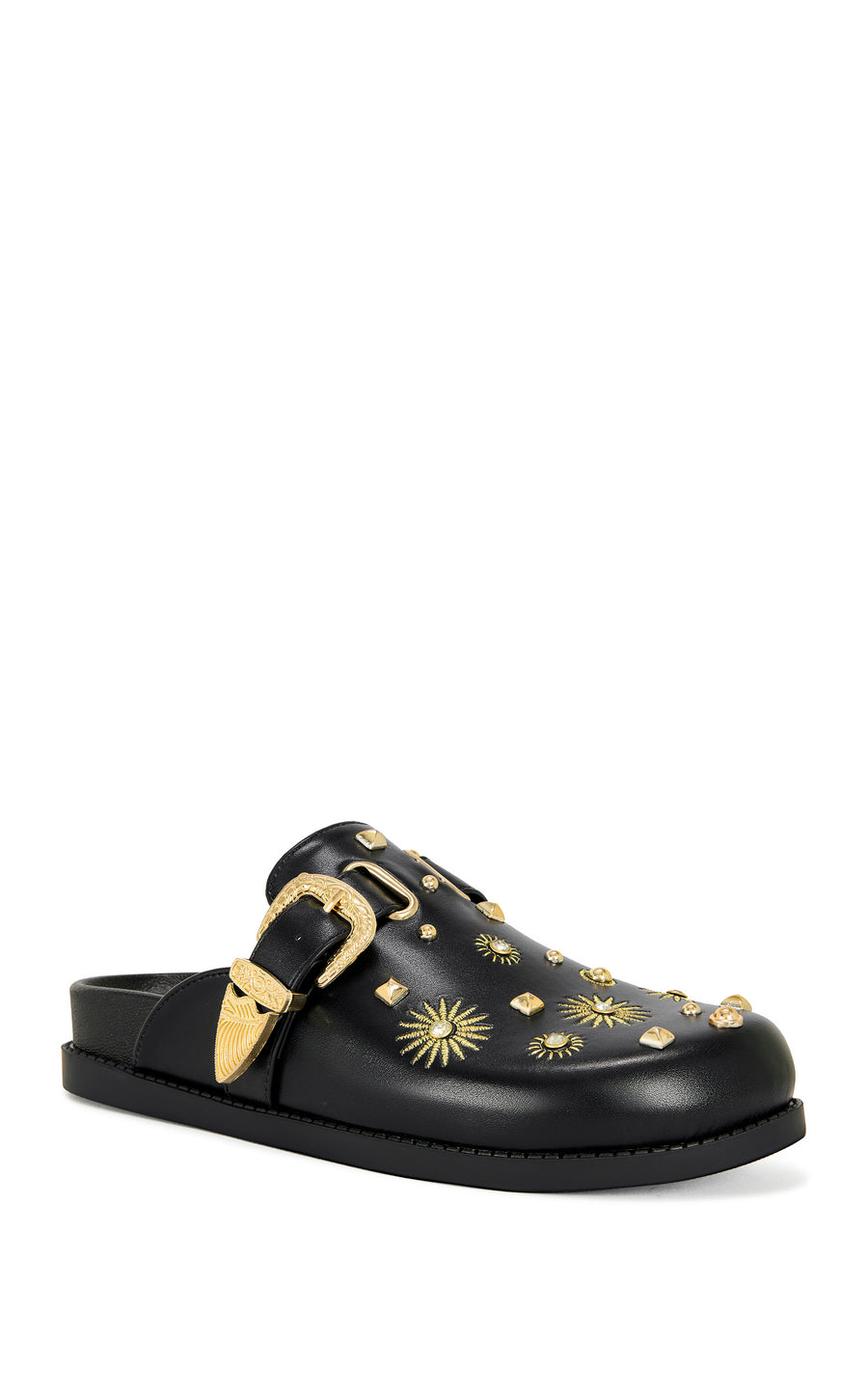 black faux leather slip on flat mule with gold belted accents and gold embellished accents on the upper