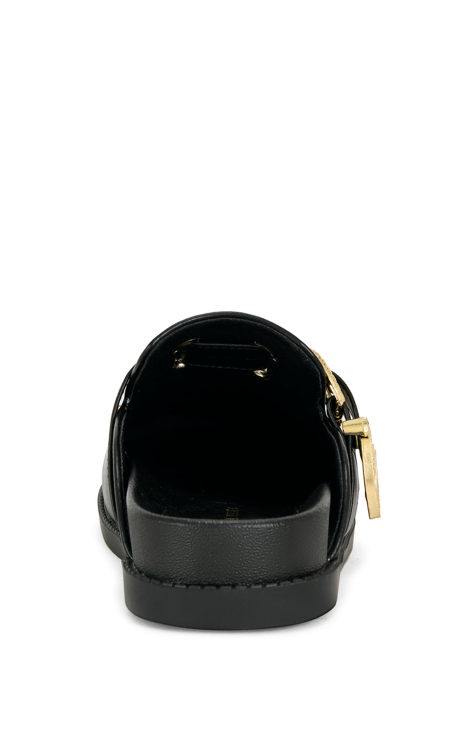 black faux leather slip on flat mule with gold belted accents and gold embellished accents on the upper