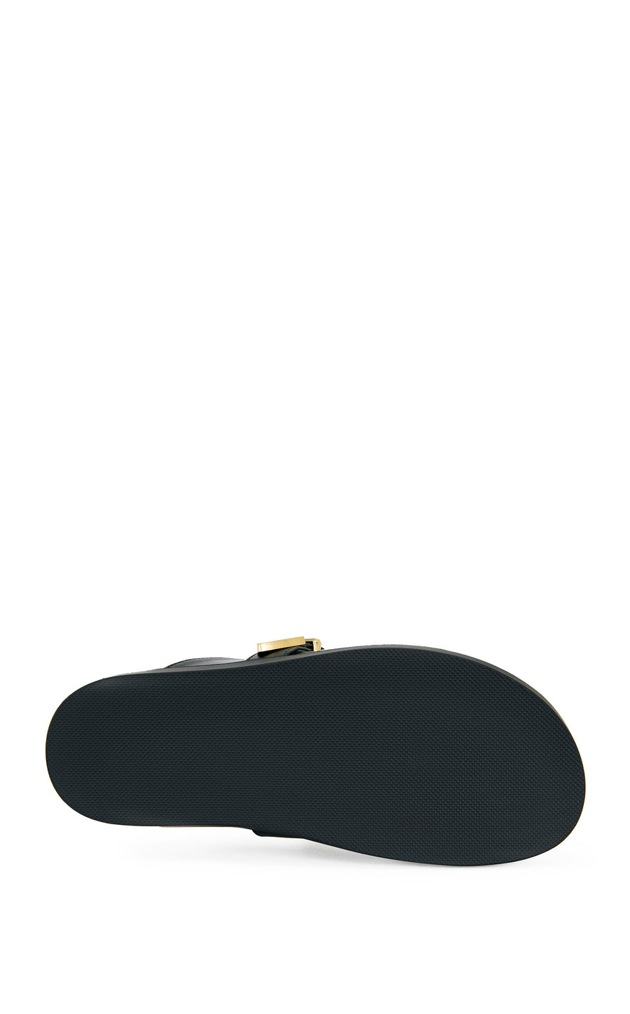 black faux leather slip on flat mule with gold belted accents and gold embellished accents on the upper