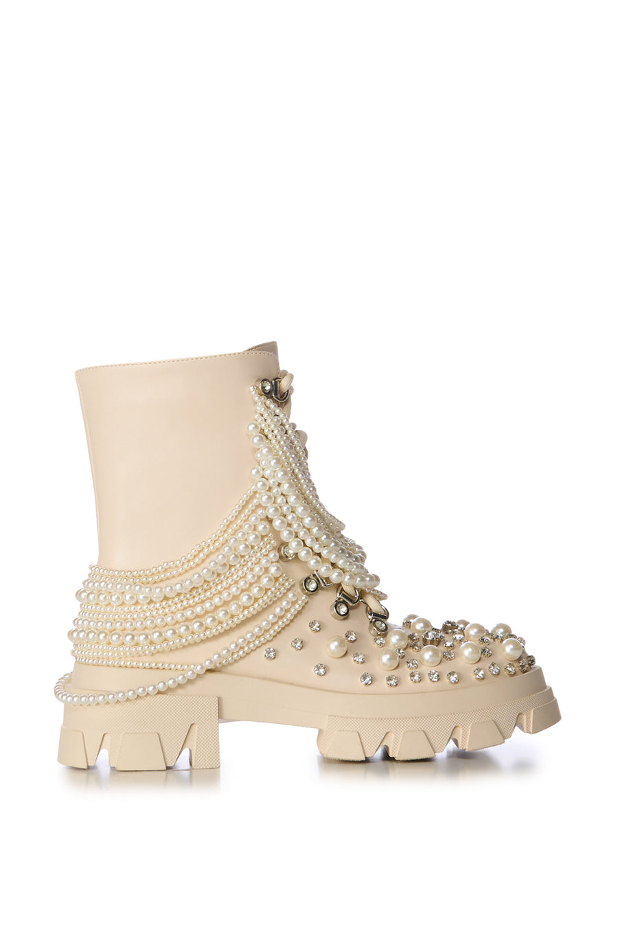 Cream chunky lace up combat boots embellished with faux pearls and pearl beaded chains draping on the shaft