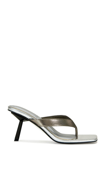 metallic silver faux leather open toe thong sandals with a black stiletto heel