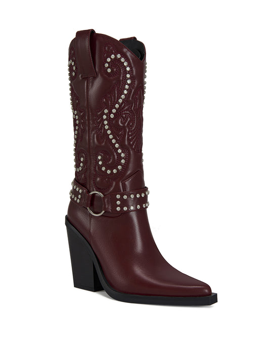 wine red faux leather statement western boots with a crystal embellishment on the Western design accent on the shaft