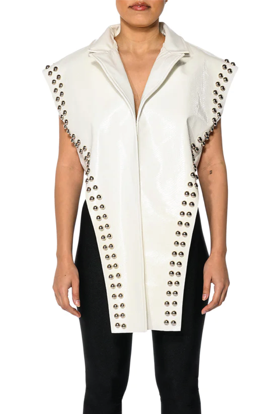 front image of white faux leather flared collar vest with studs along the sides