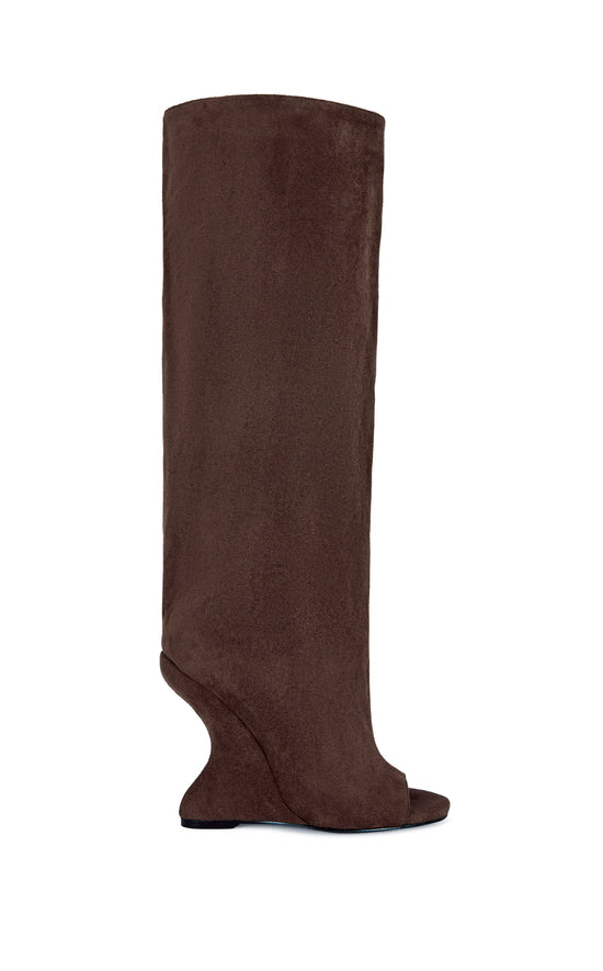 Chocolate brown faux suede knee high boots with a curved wedge heel and a peep toe accent
