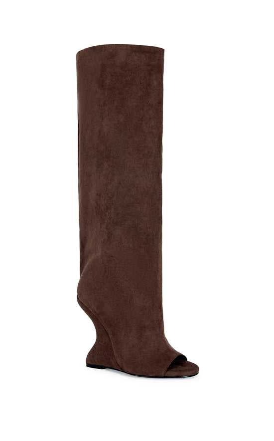 Chocolate brown faux suede knee high boots with a curved wedge heel and a peep toe accent
