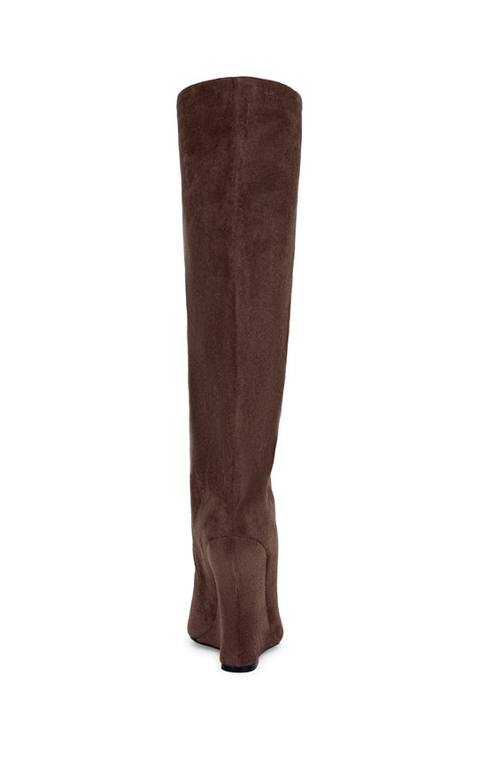 Chocolate brown faux suede knee high boots with a curved wedge heel and a peep toe accent