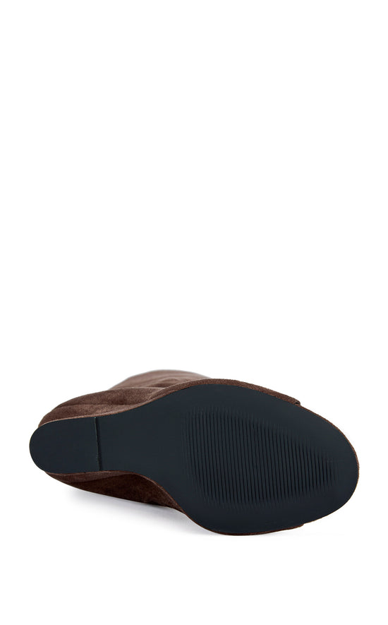 Chocolate brown faux suede knee high boots with a curved wedge heel and a peep toe accent