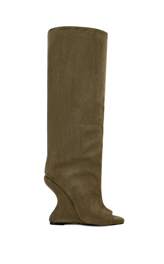 Olive green faux suede knee high boots with a curved wedge heel and a peep toe accent