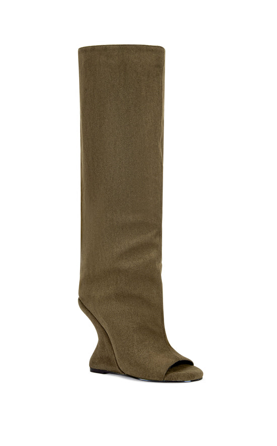 Olive green faux suede knee high boots with a curved wedge heel and a peep toe accent
