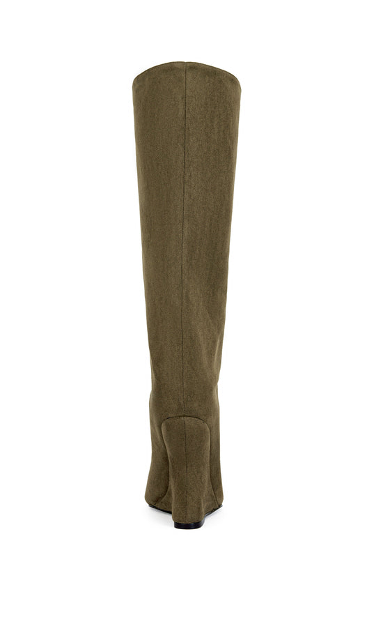 Olive green faux suede knee high boots with a curved wedge heel and a peep toe accent