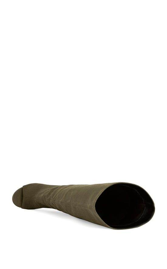 Olive green faux suede knee high boots with a curved wedge heel and a peep toe accent