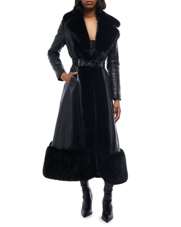 Black faux leather trench coat with a belted waist closure and black faux fur lined trim and collar