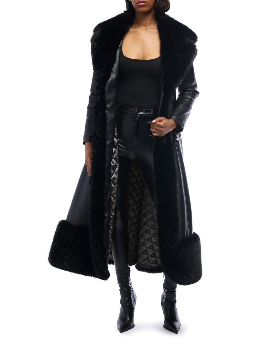 Black faux leather trench coat with a belted waist closure and black faux fur lined trim and collar