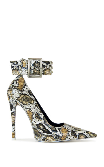 faux snakeskin statement stiletto heels with a pointed toe and a belted rhinestone embellished adjustable ankle strap