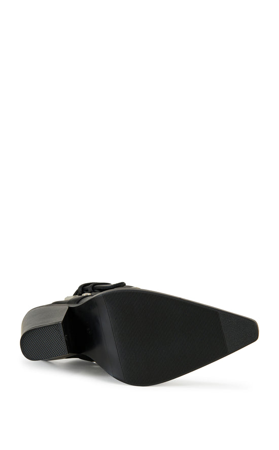 black faux leather statement western boots with a metal toe, black block heel, and and ankle cutout secured with a belted ankle strap closure