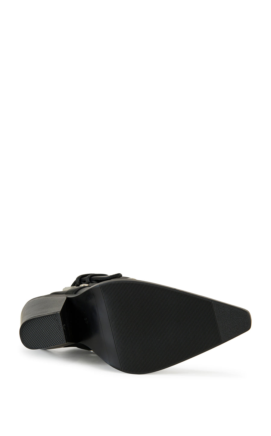 black faux leather statement western boots with a metal toe, black block heel, and and ankle cutout secured with a belted ankle strap closure
