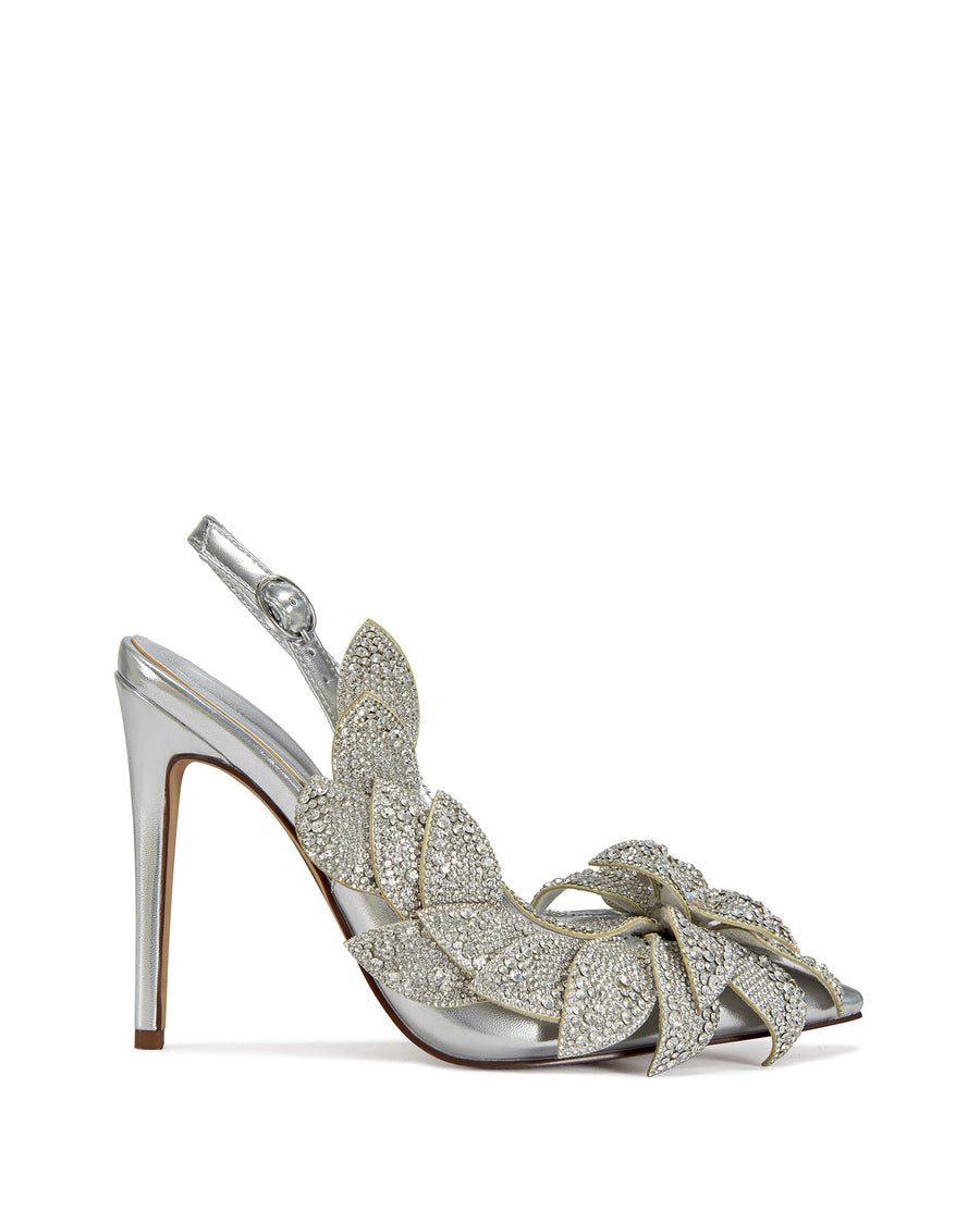 Metallic silver stiletto pumps with a slingback strap and crystal embellished flower petal embellishments on the side of the upper.