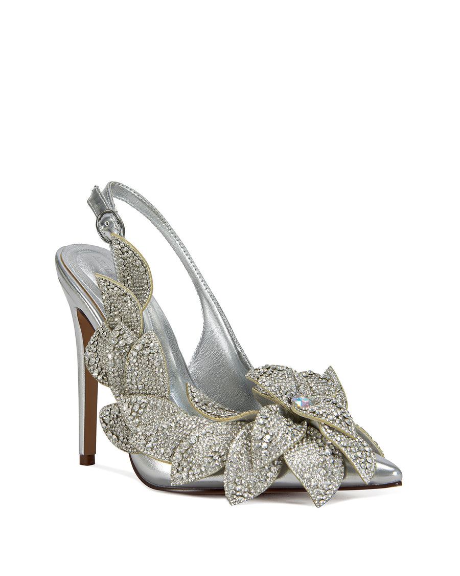 Metallic silver stiletto pumps with a slingback strap and crystal embellished flower petal embellishments on the side of the upper.