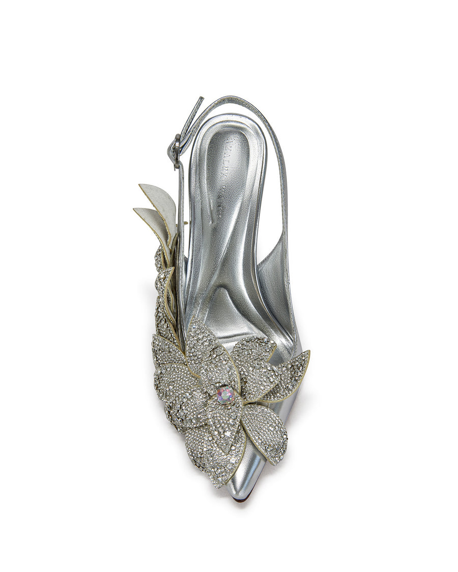 WEATHERLY-SILVER OVERSIZED FLOWER SLINGBACK PUMP