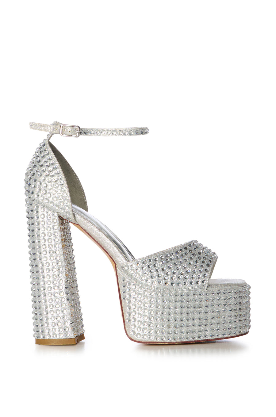 metallic silver platform crystal embellished platform statement heels with an adjustable ankle strap and a peep toe silhouette 