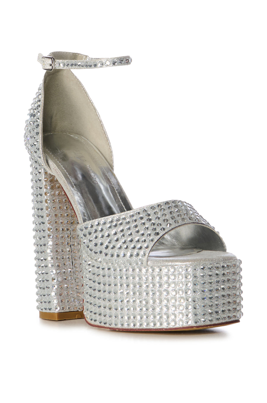 metallic silver platform crystal embellished platform statement heels with an adjustable ankle strap and a peep toe silhouette 