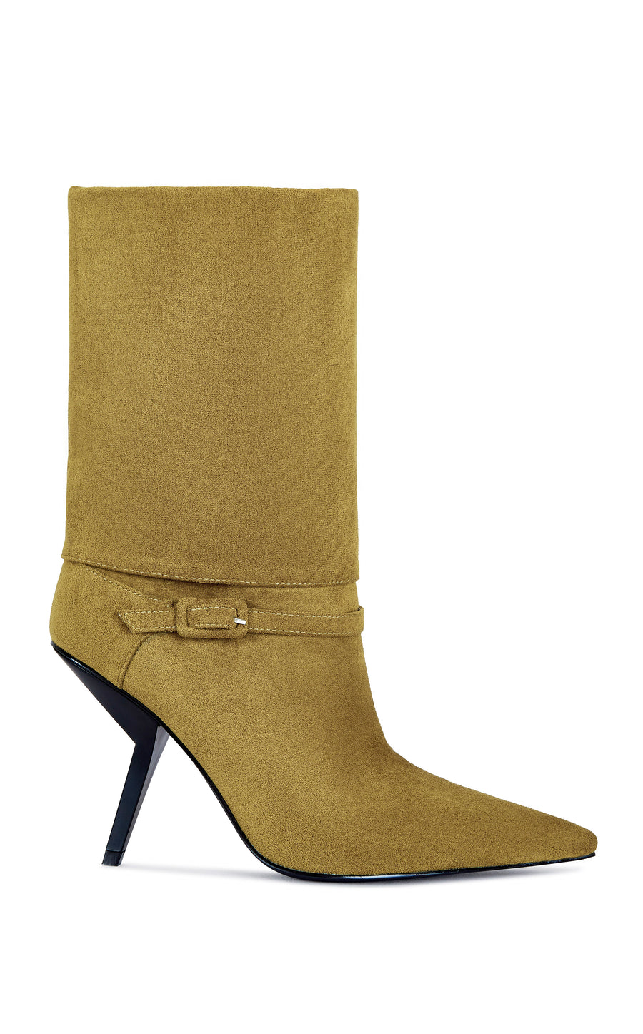 Olive green faux suede ankle bootie with an angled black stiletto heel and skinny buckle belted detail