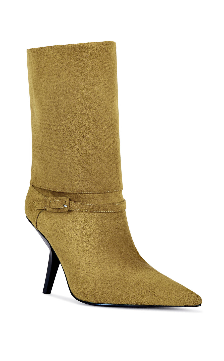 Olive green faux suede ankle bootie with an angled black stiletto heel 