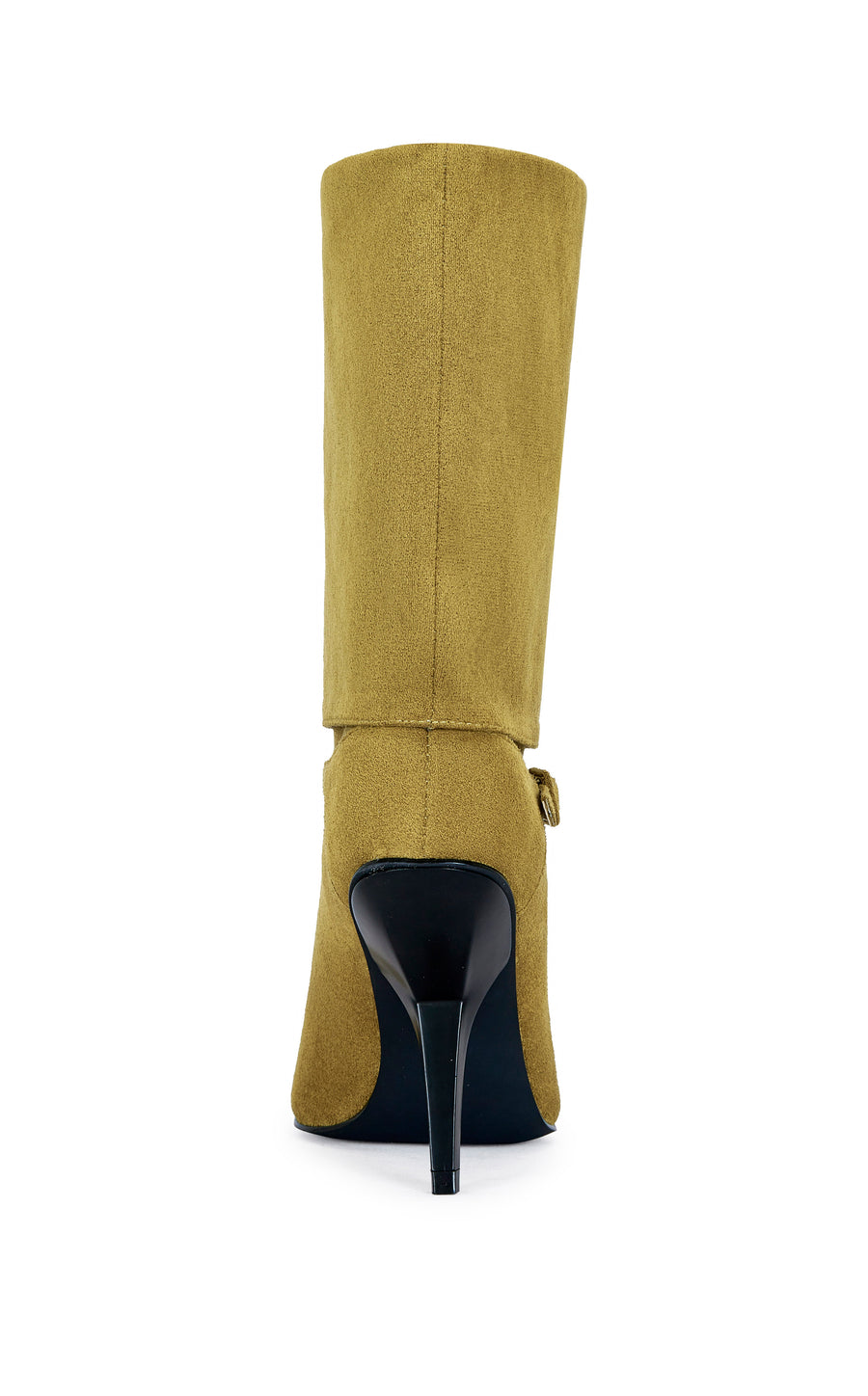 Olive green faux suede ankle bootie with an angled black stiletto heel 