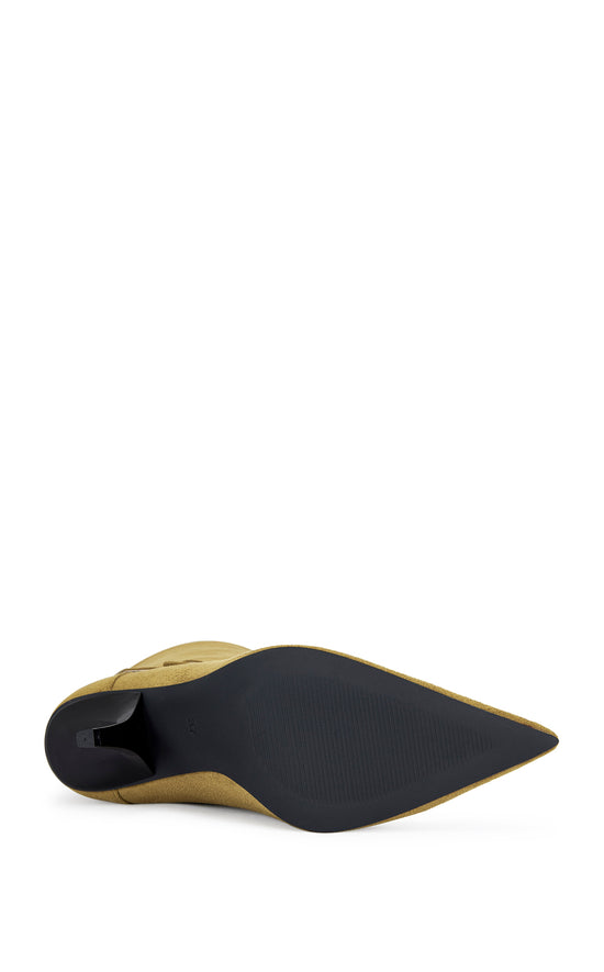 Olive green faux suede ankle bootie with an angled black stiletto heel 